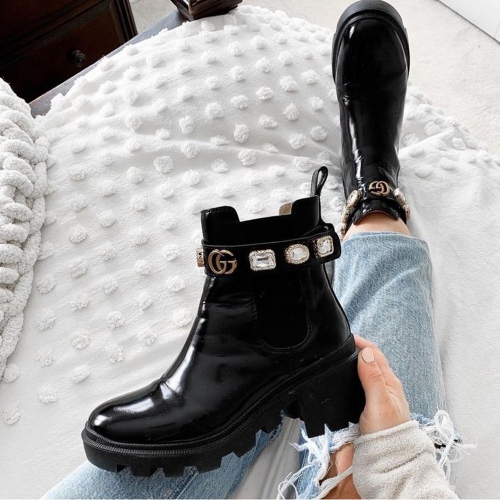LIKE NEW Gucci Trip Embellished Block Heel Chelsea Boots, Size 38 - Picture 2 of 13